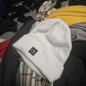 Casual White Beanie with Smiley Patch